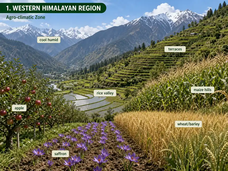 Western Himalayan agro-climatic region showing terraced valleys, apple orchard, saffron and rice maize wheat cropping pattern