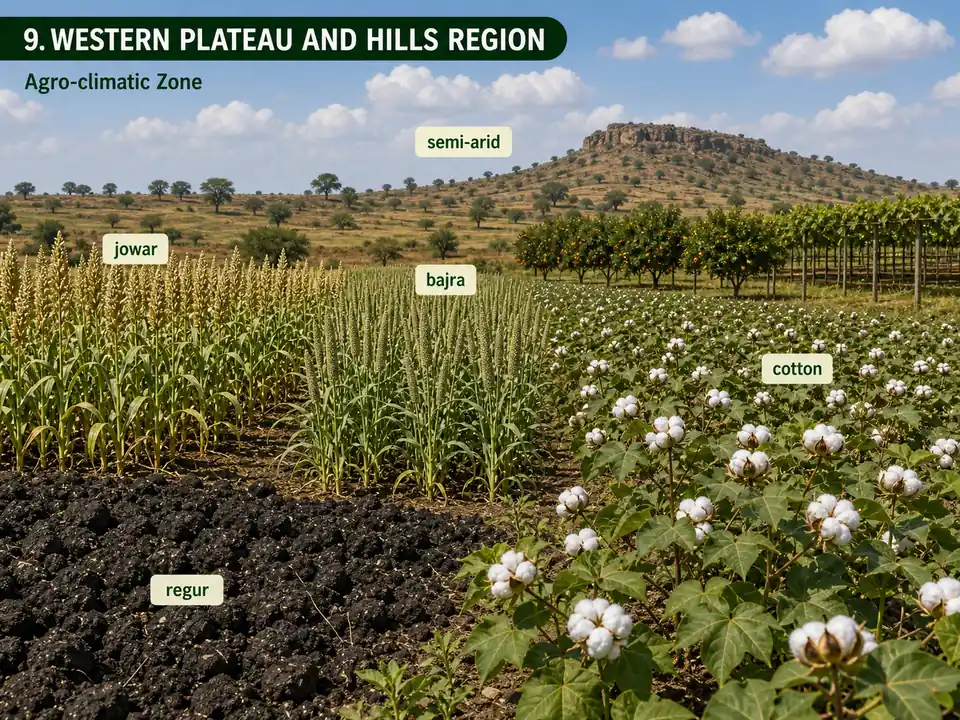 Western Plateau and Hills agro-climatic region showing regur black soil with cotton, jowar and bajra
