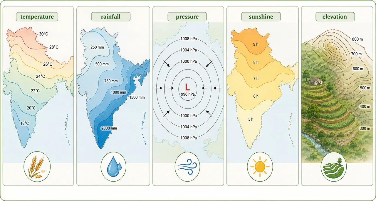 Agricultural meteorology iso-lines board comparing isotherm, isohyet, isobar, isohel, and contour maps