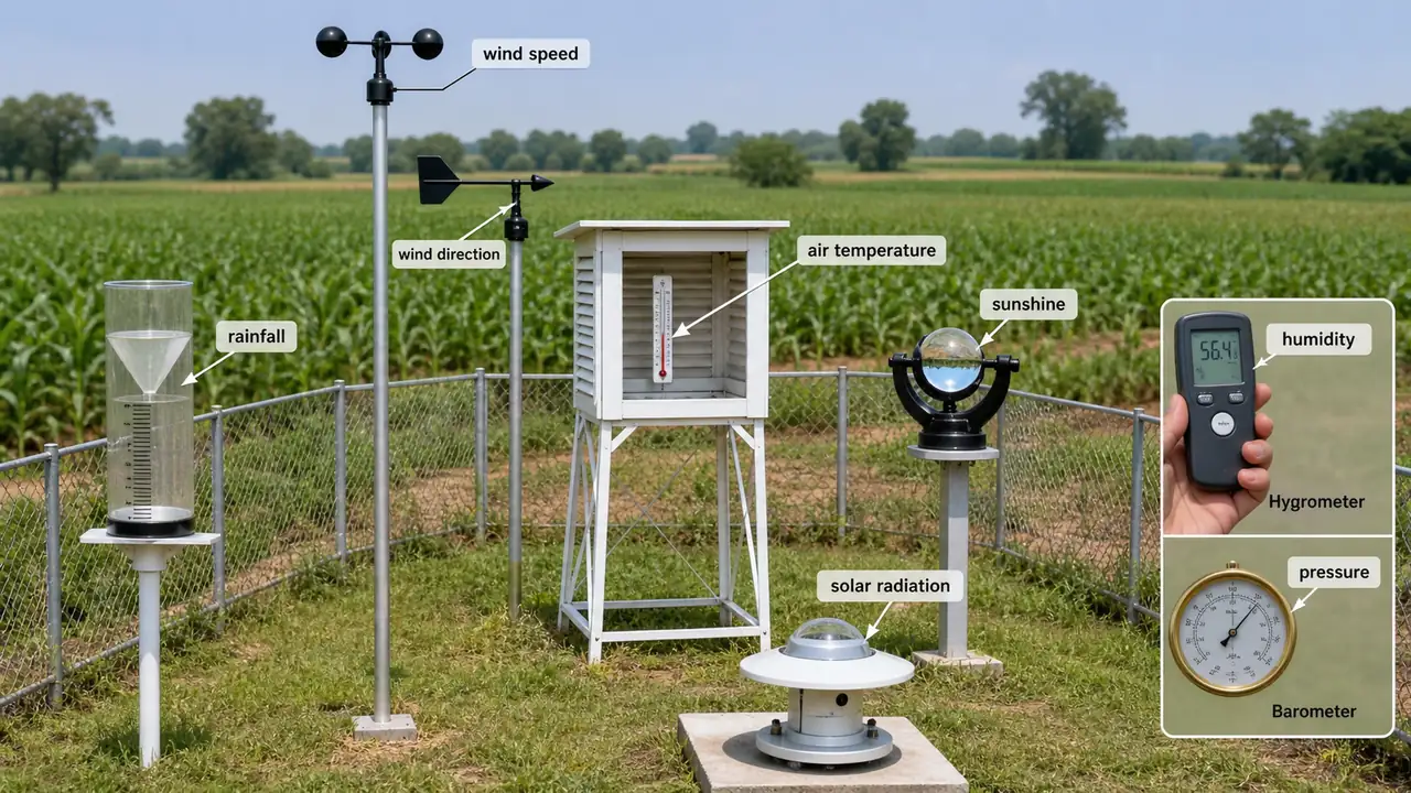 Agro-meteorological observatory showing rain gauge, anemometer, wind vane, Stevenson screen, sunshine recorder, pyranometer, hygrometer, and barometer