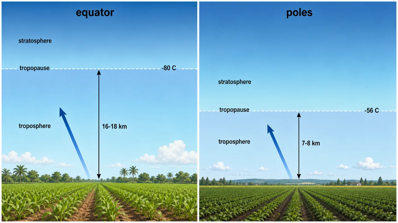 Tropopause comparison showing taller equatorial troposphere and shorter polar troposphere with colder equatorial tropopause