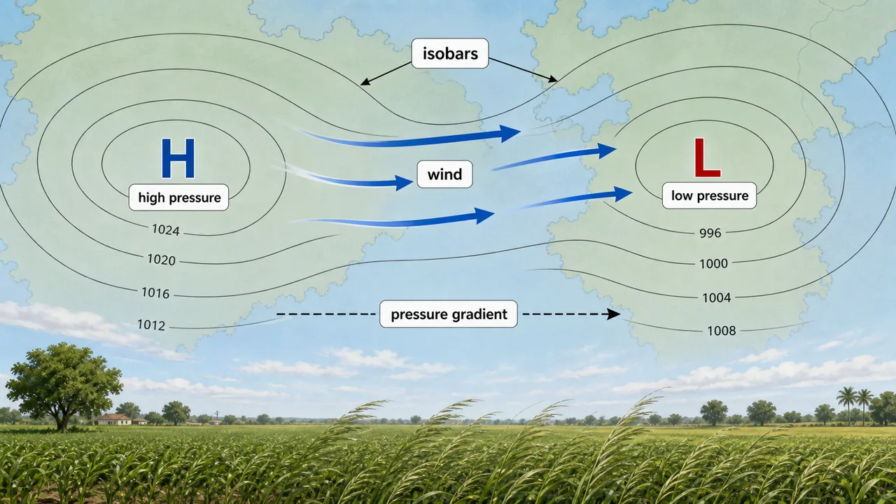 Atmospheric pressure and wind diagram showing isobars, high pressure, low pressure, and wind flow over a farm plain