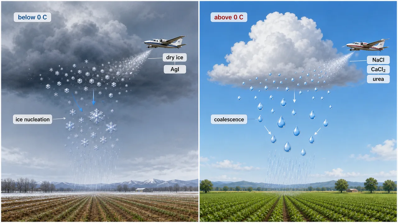 Cold and warm cloud seeding comparison showing dry ice and silver iodide in subzero clouds versus hygroscopic salts in warm clouds