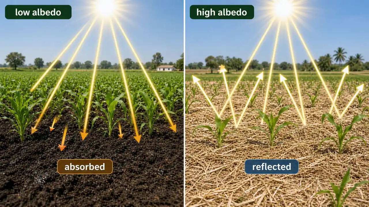 Albedo comparison showing dark low-albedo field absorbing more sunlight and light straw-mulched high-albedo field reflecting more radiation