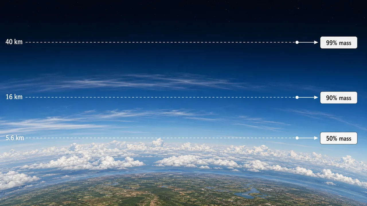 Atmospheric mass distribution showing that 50 percent lies below 5.6 km, 90 percent below 16 km, and 99 percent below 40 km