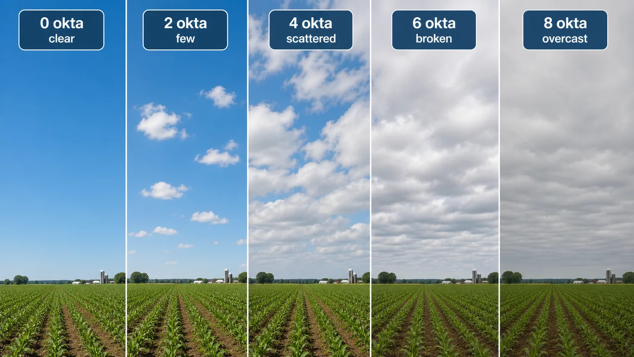 Okta cloud cover scale from 0 clear sky to 8 overcast sky over the same farm horizon