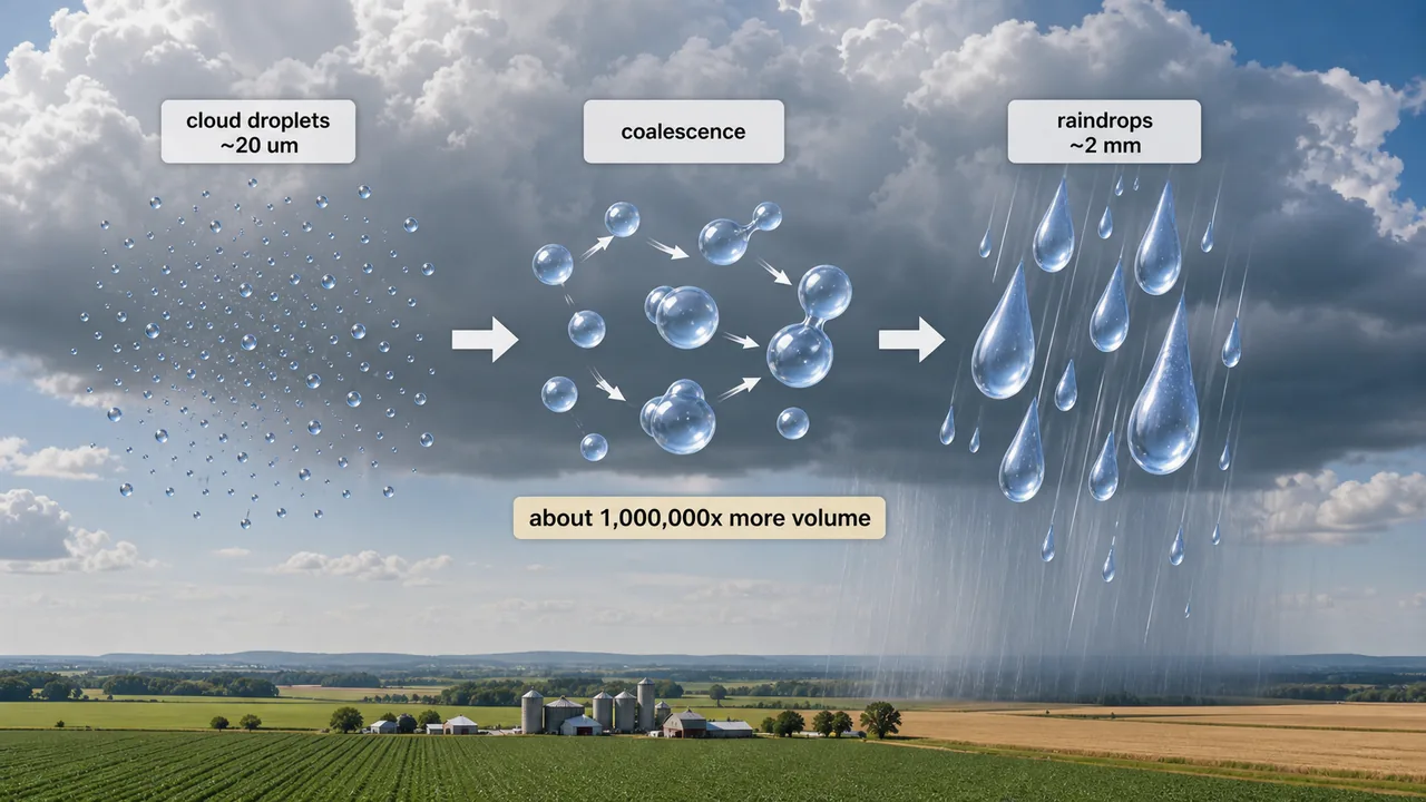 Cloud droplet to raindrop growth showing tiny suspended droplets merging by coalescence into larger falling raindrops