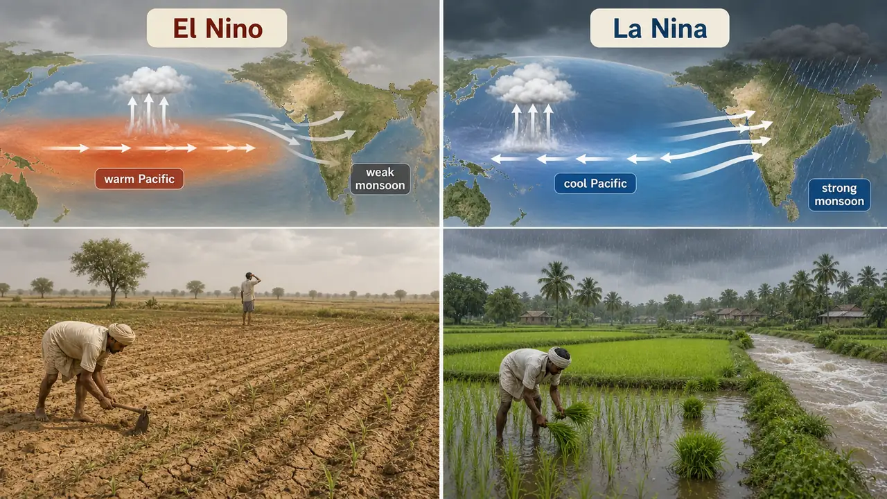 El Nino versus La Nina comparison showing warm Pacific weak monsoon drought risk and cool Pacific strong monsoon flood risk for Indian agriculture