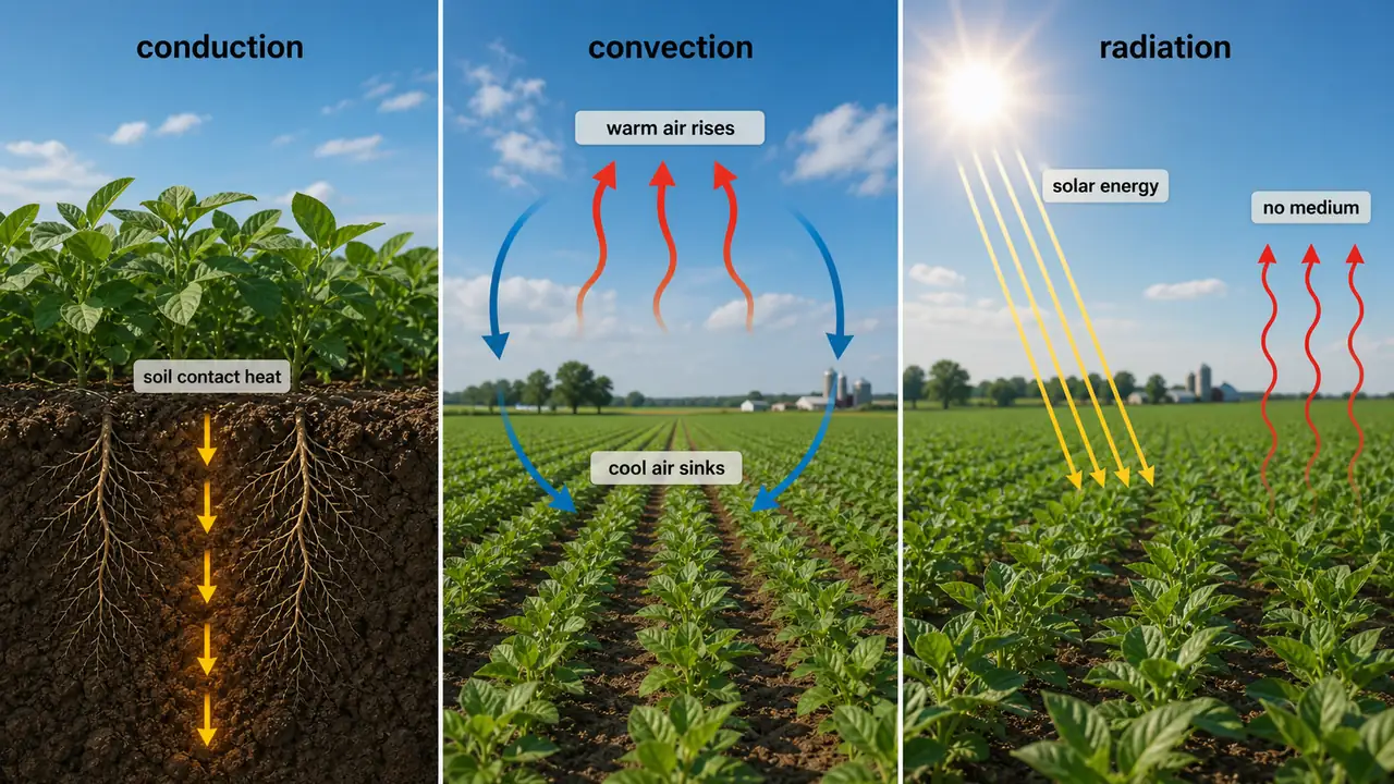 Heat transfer in agriculture showing conduction in soil, convection in moving air, and solar radiation reaching a crop field