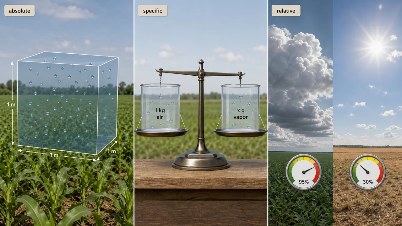 Humidity comparison showing absolute, specific, and relative humidity concepts