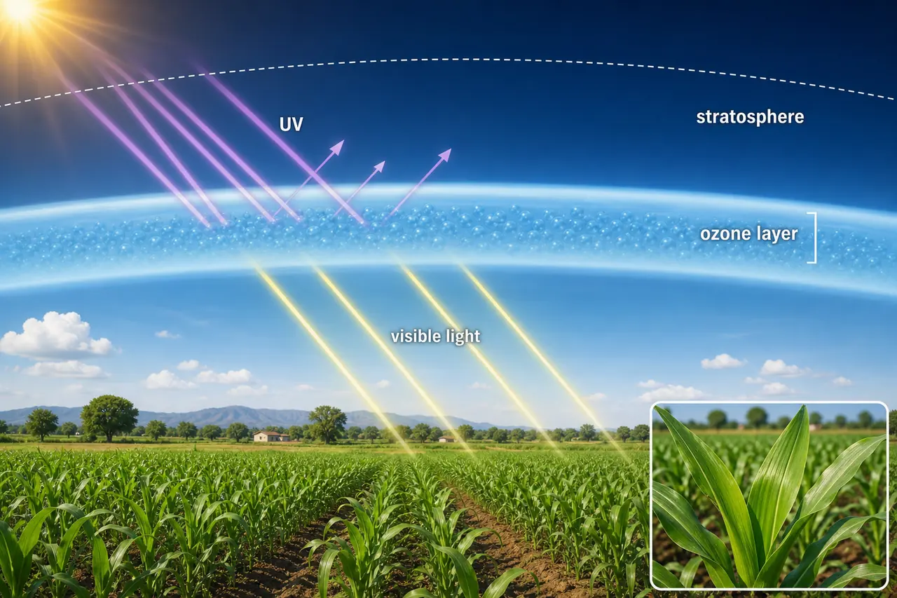 Ozone layer in the stratosphere absorbing harmful ultraviolet rays while visible light reaches crop fields