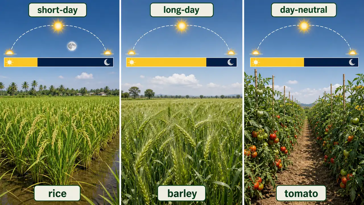 Photoperiodism comparison showing rice as short-day crop, barley as long-day crop, and tomato as day-neutral crop
