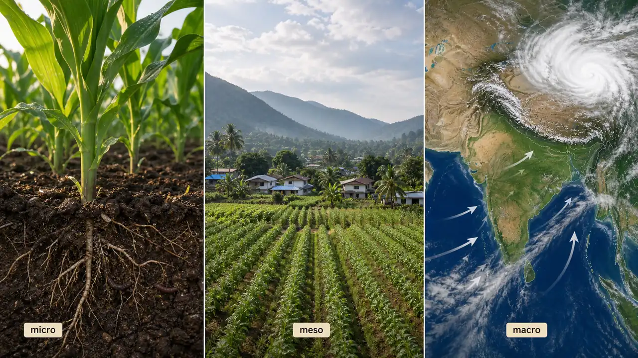 Scale comparison of microclimate, mesoclimate, and macroclimate in agricultural meteorology