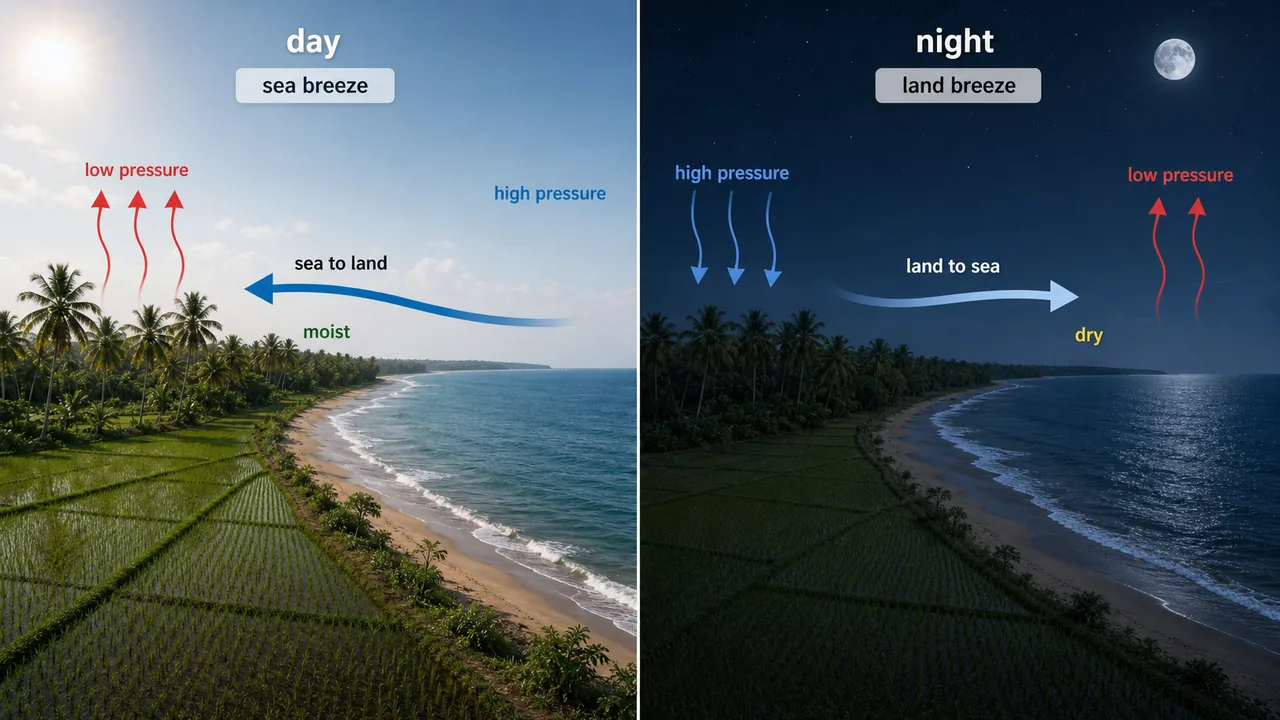 Sea breeze and land breeze comparison over coastal farm fields showing daytime moist onshore flow and nighttime drier offshore flow