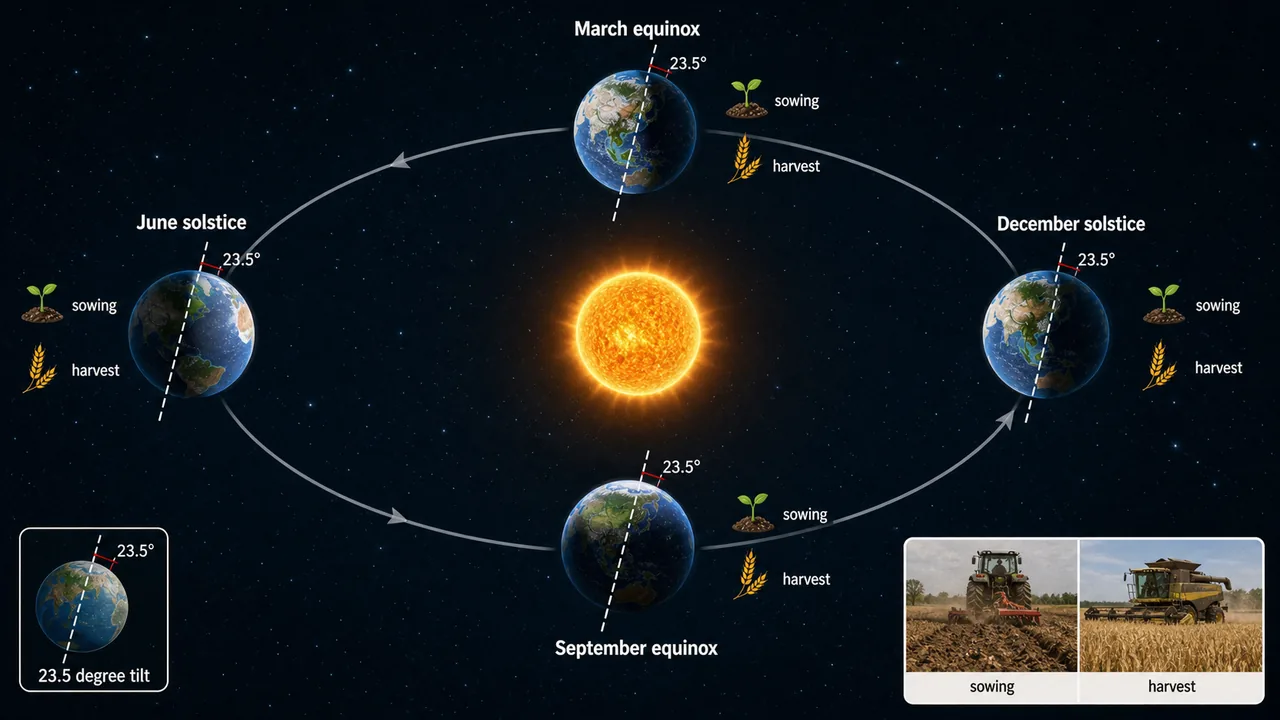 Sun Earth relationship showing 23.5 degree axial tilt, revolution, and four seasons relevant to agricultural crop calendars