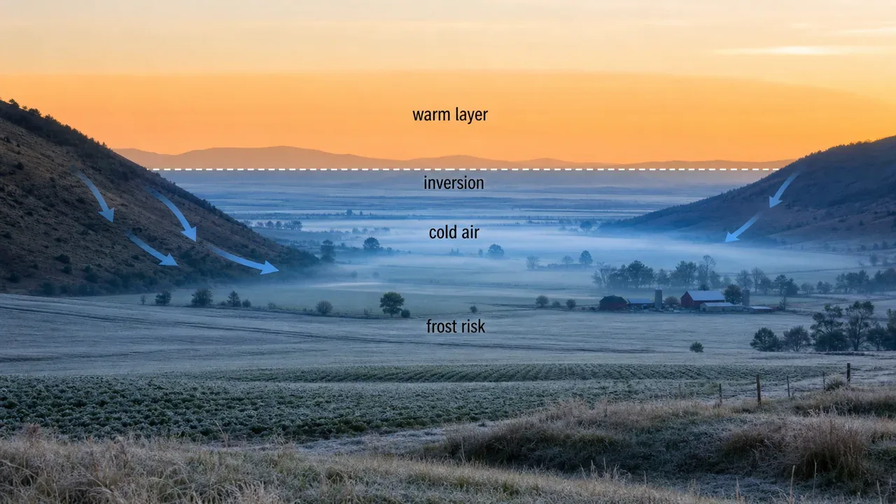 Temperature inversion over a farm valley showing colder air settling near the surface