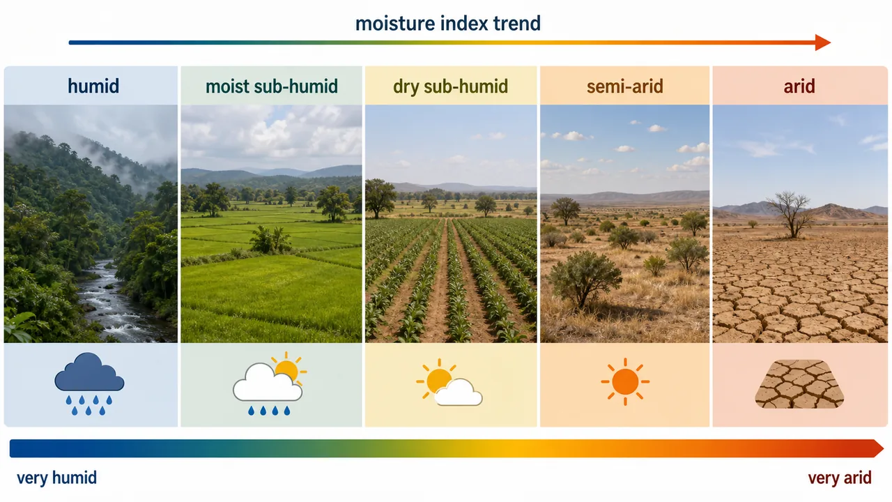 Thornthwaite climate classification linked with moisture adequacy and growing-period categories