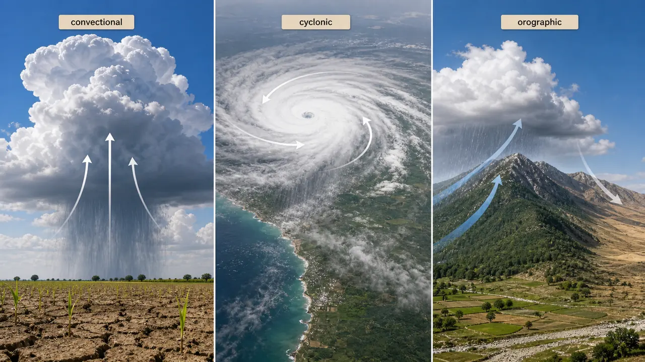 Convectional, cyclonic, and orographic precipitation types important in agrometeorology