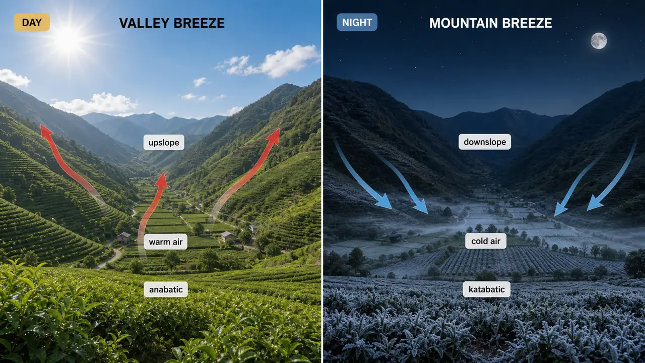 Valley breeze and mountain breeze over a farming valley showing daytime upslope warm air and nighttime downslope cold air drainage