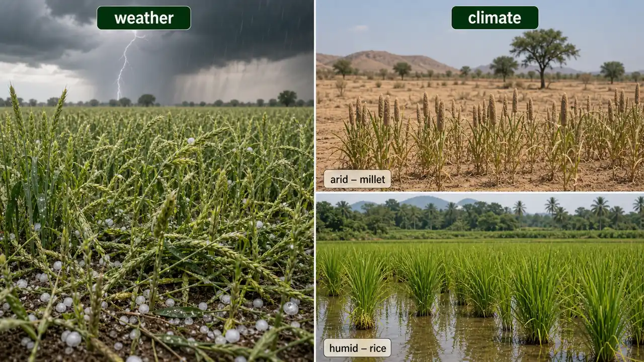 Weather versus climate in agriculture showing a short-term storm over wheat and long-term dryland and humid rice farming patterns