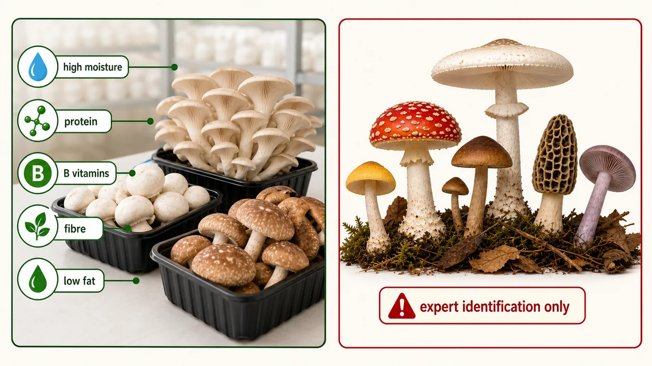 Mushroom nutrition and safety board showing cultivated edible mushrooms with high moisture, protein, B vitamins, fibre, and low fat plus caution on wild mushroom identification