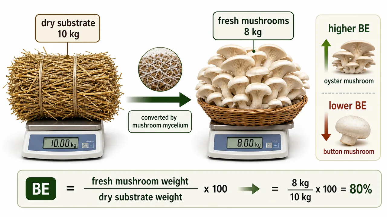 Biological efficiency in mushroom cultivation showing fresh mushroom yield compared with dry substrate weight