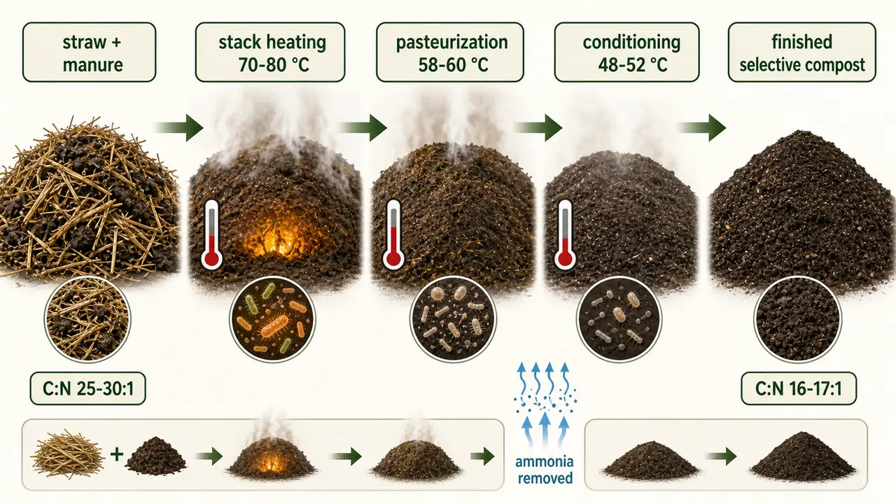 Step 1 of button mushroom production showing compost preparation from straw and manure through heating, pasteurization, conditioning, and finished selective compost