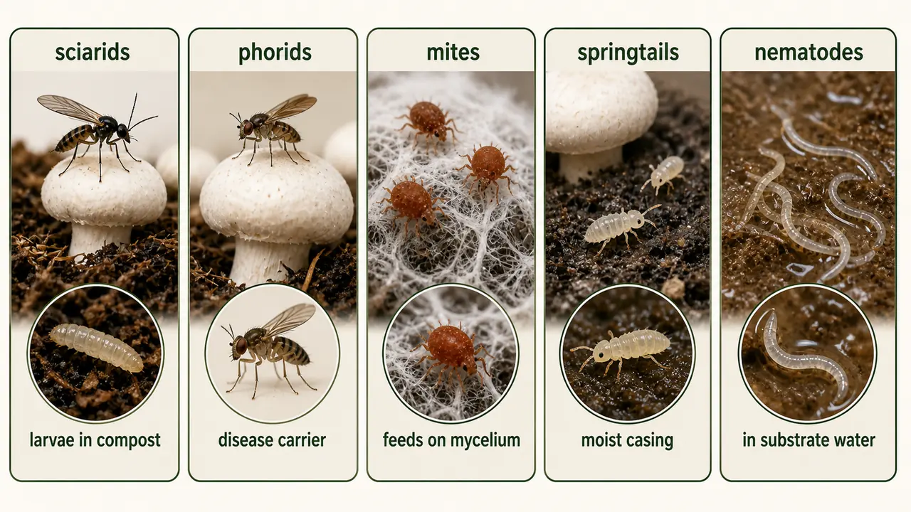 Button mushroom cultivation pests showing sciarids, phorids, mites, springtails, and nematodes around compost and casing