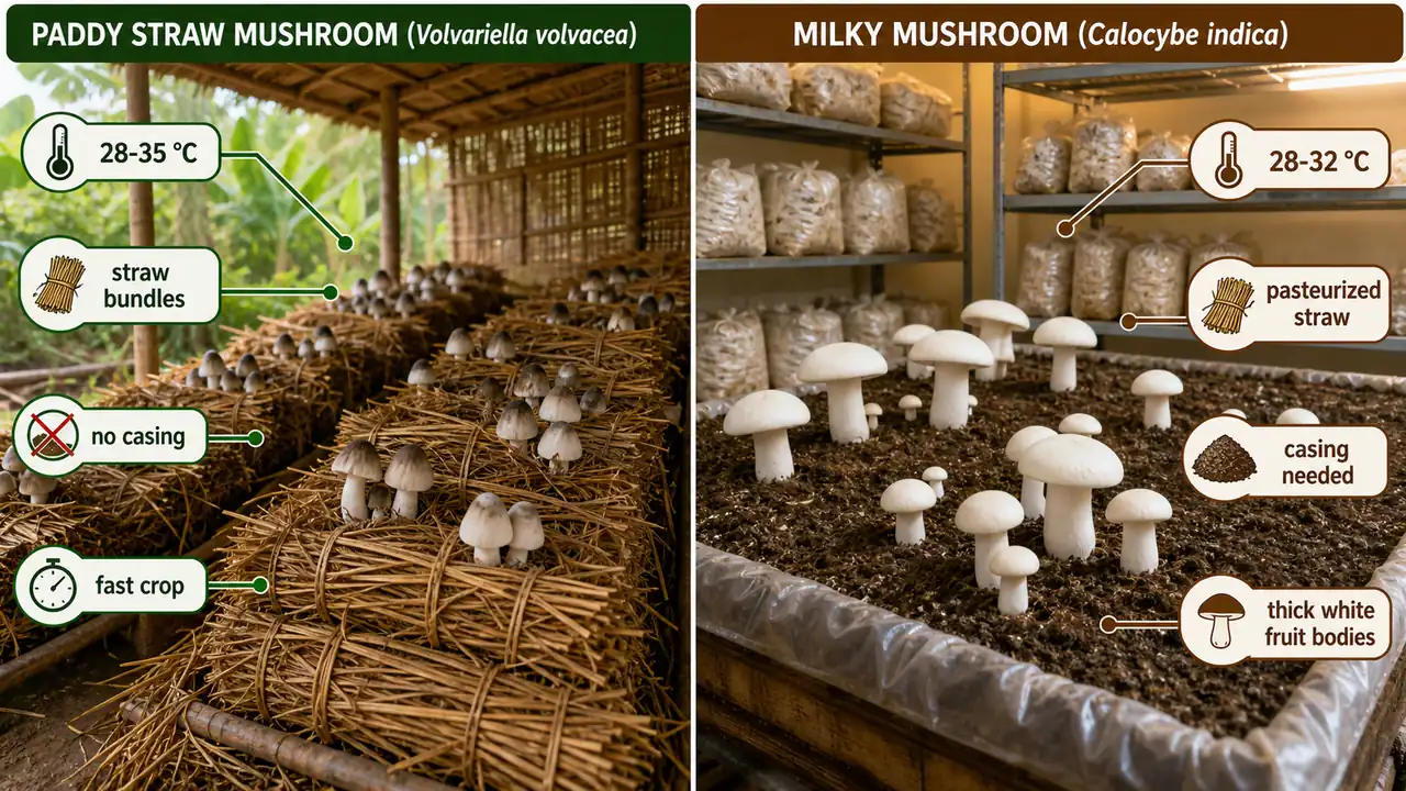 Comparison of paddy straw mushroom and milky mushroom cultivation showing straw bundles without casing versus cased warm-weather beds