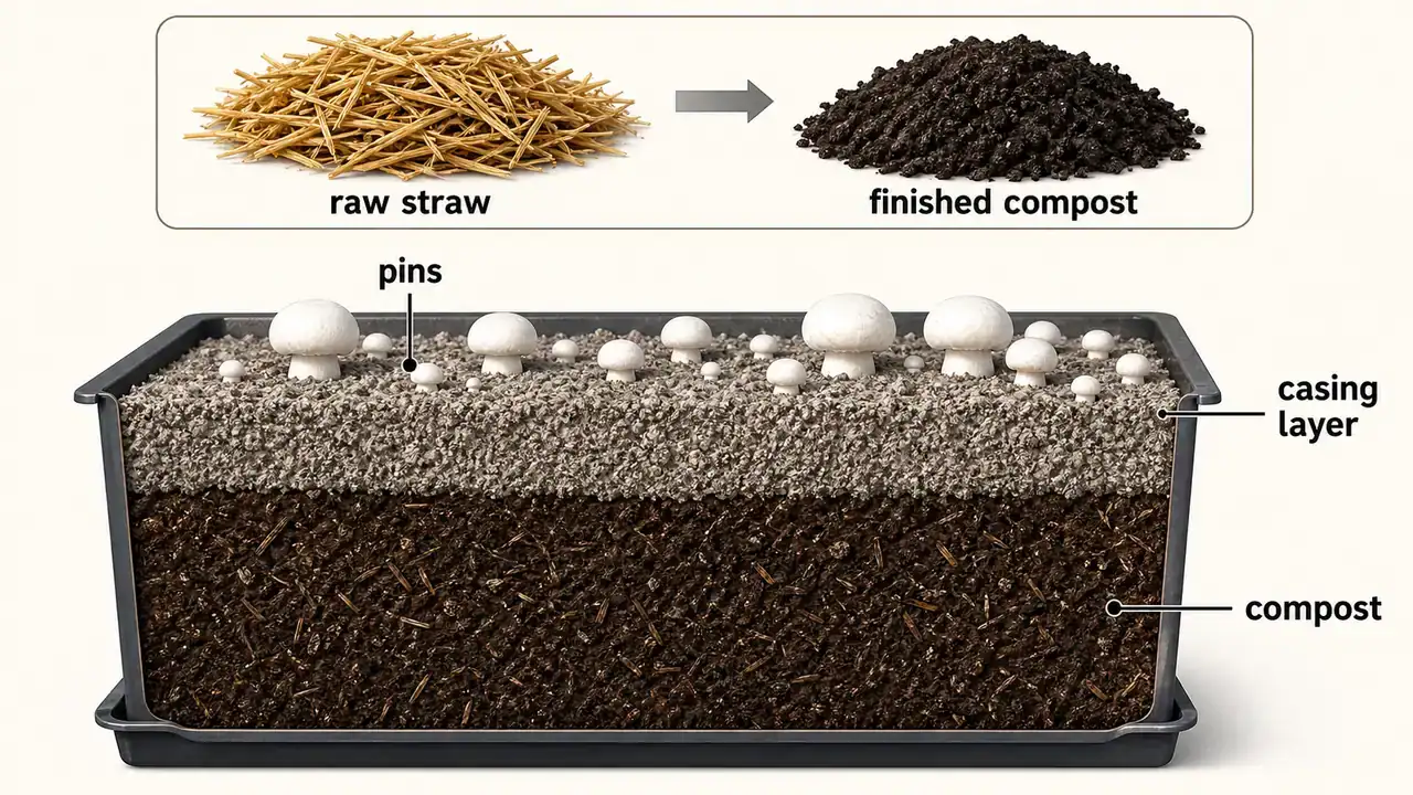 Button mushroom tray cutaway showing finished compost below, casing layer above, and pins emerging from the surface