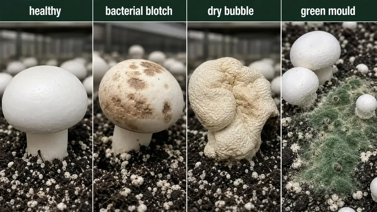 Button mushroom health comparison showing healthy cap, bacterial blotch, dry bubble deformation, and green mould on casing