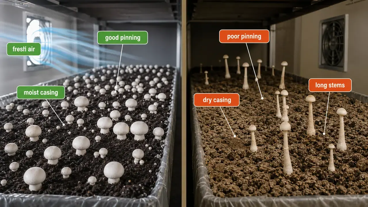 Button mushroom pinning troubleshooting showing moist well-ventilated casing with healthy pins compared with dry casing and long stems under poor ventilation