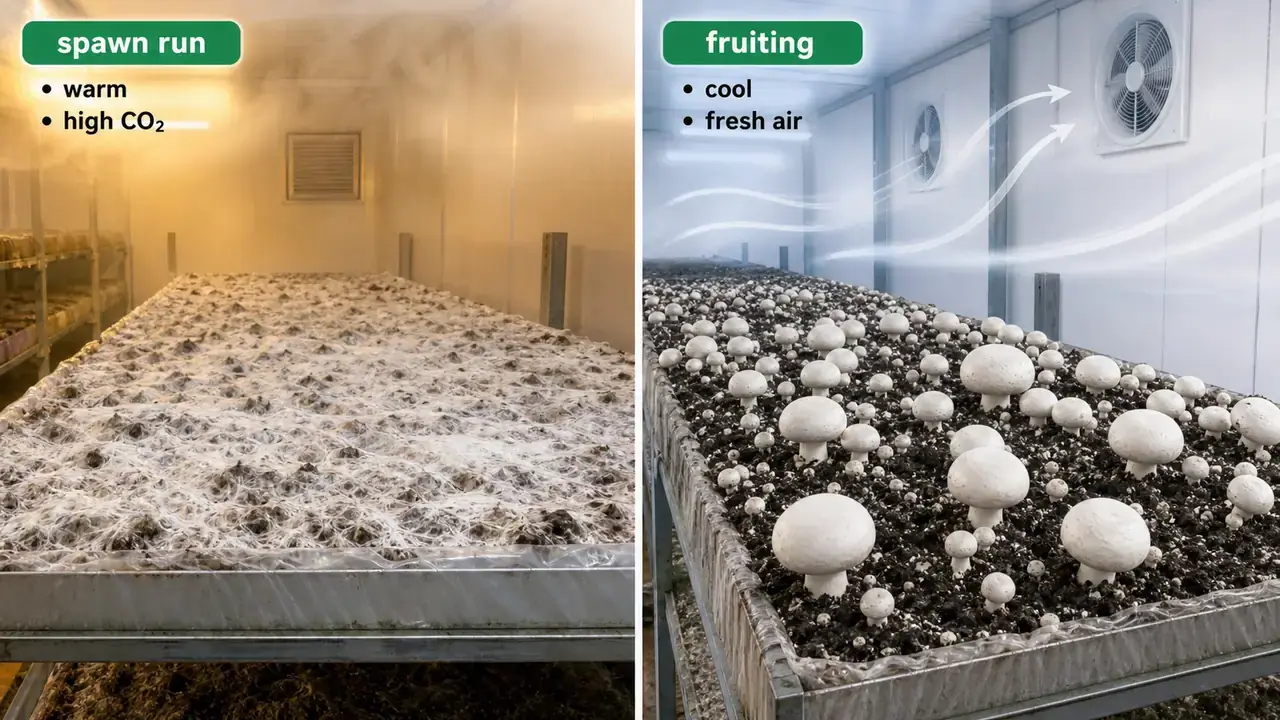 Button mushroom comparison between spawn run under warm high carbon dioxide conditions and fruiting under cool ventilated conditions
