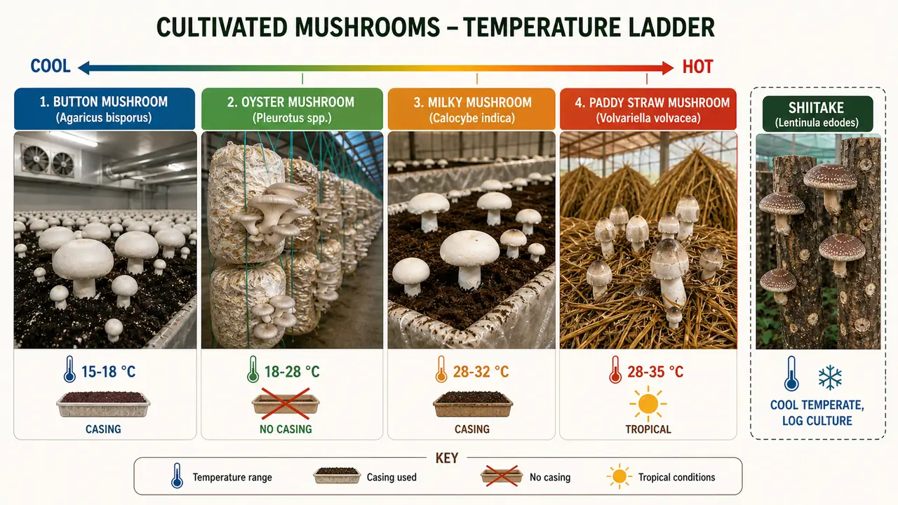 Climate ladder for cultivated mushrooms comparing button, oyster, milky, paddy straw, and shiitake production conditions