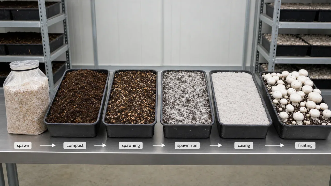 Button mushroom cultivation stages from spawn run to casing and fruiting