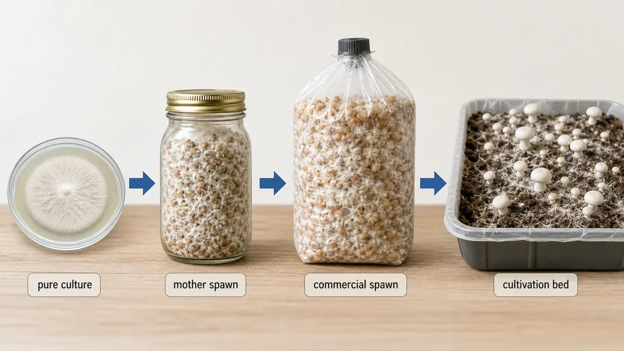 Mushroom spawn preparation sequence from pure culture to mother spawn, commercial spawn, and cultivation bed