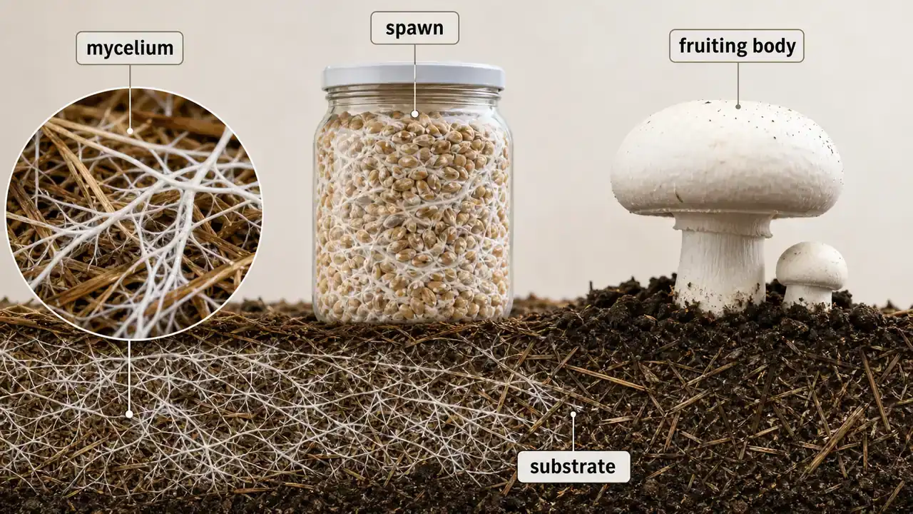 Mushroom cultivation basics showing mycelium in substrate, grain spawn, and the fruiting body of a button mushroom