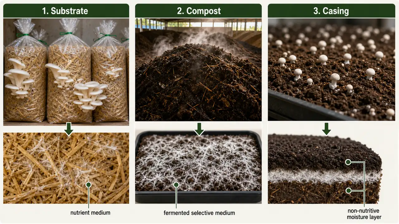 Comparison of mushroom substrate, button mushroom compost, and casing layer in cultivation systems