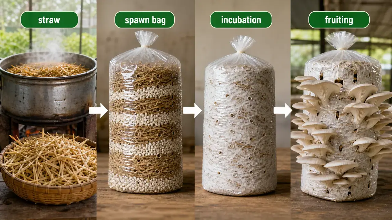 Oyster mushroom bag cultivation flow showing treated straw, spawn bag filling, incubation, and fruiting after bag opening