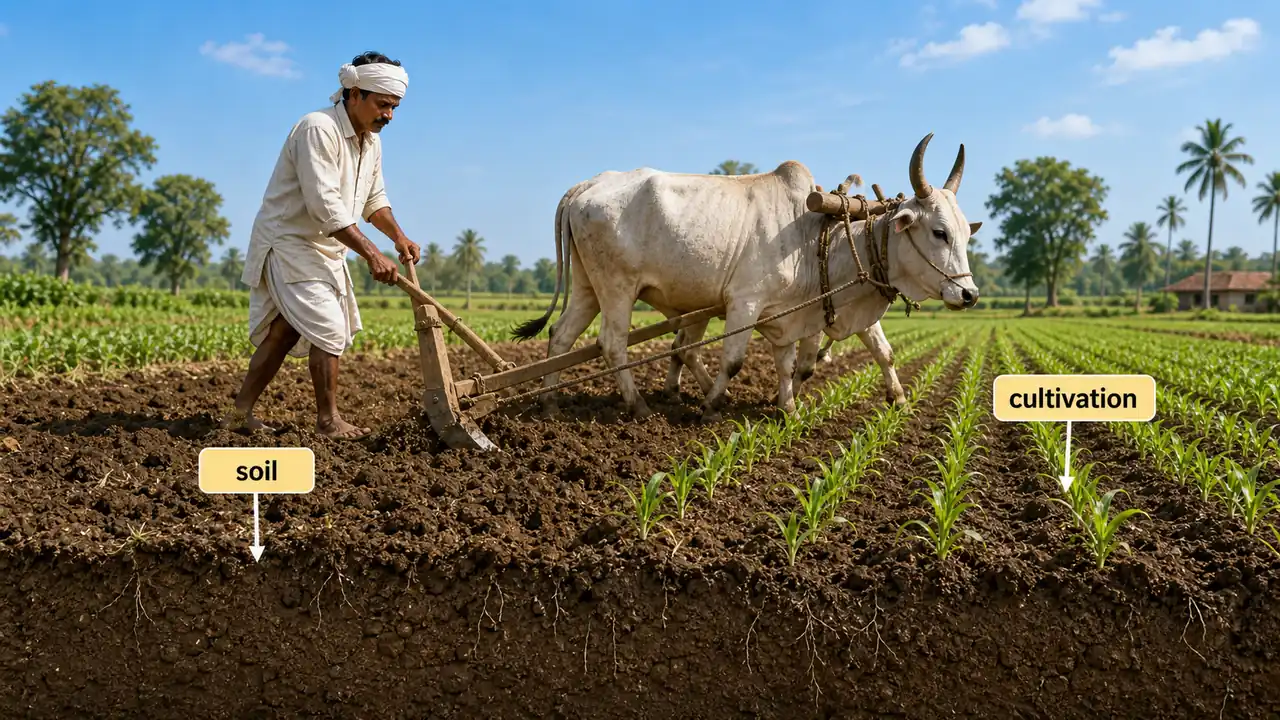 Agriculture etymology shown through soil cultivation and crop growth in a realistic field scene