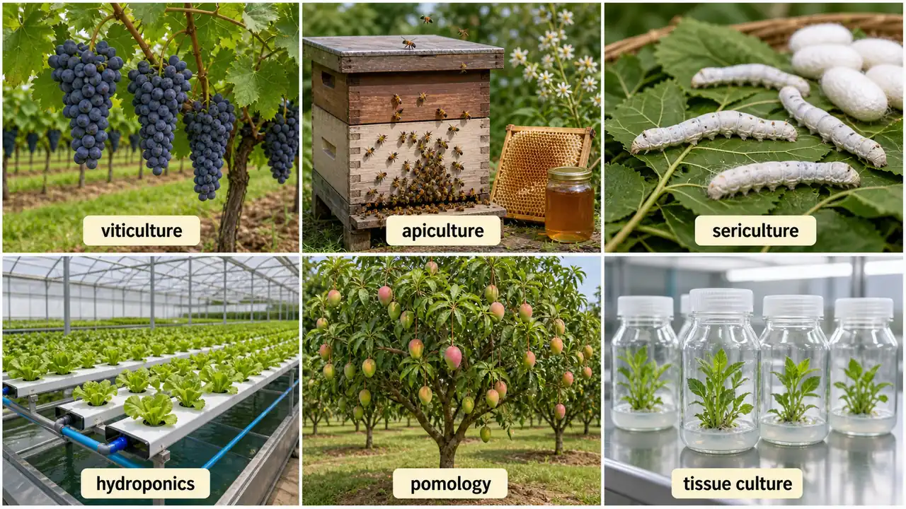 Specialized agricultural sub-branches shown through viticulture apiculture sericulture hydroponics pomology and tissue culture