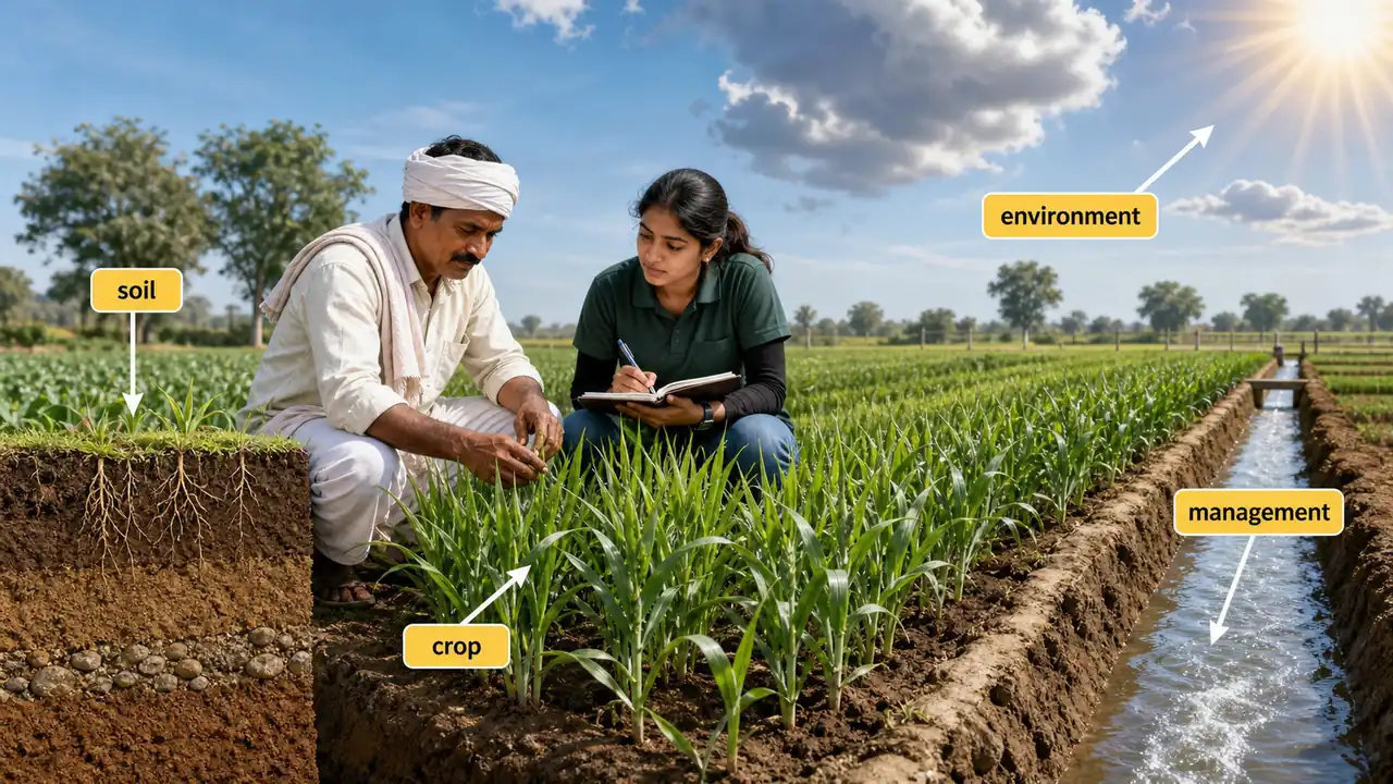 Agronomy as management of soil crop environment relationship in an Indian field with irrigation and observation