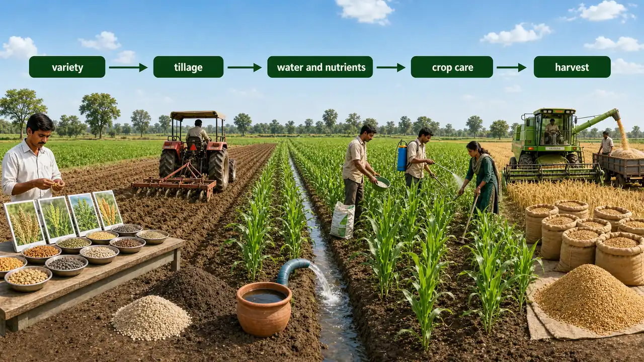 Scope of agronomy across variety selection tillage water and nutrient management crop care and harvest