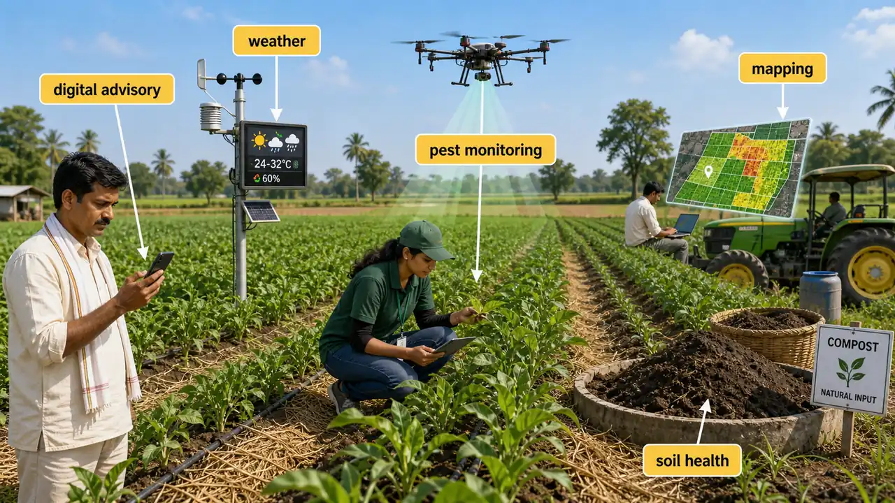 Modern agronomy with digital advisory weather monitoring pest surveillance mapping and soil health practices in an Indian farm