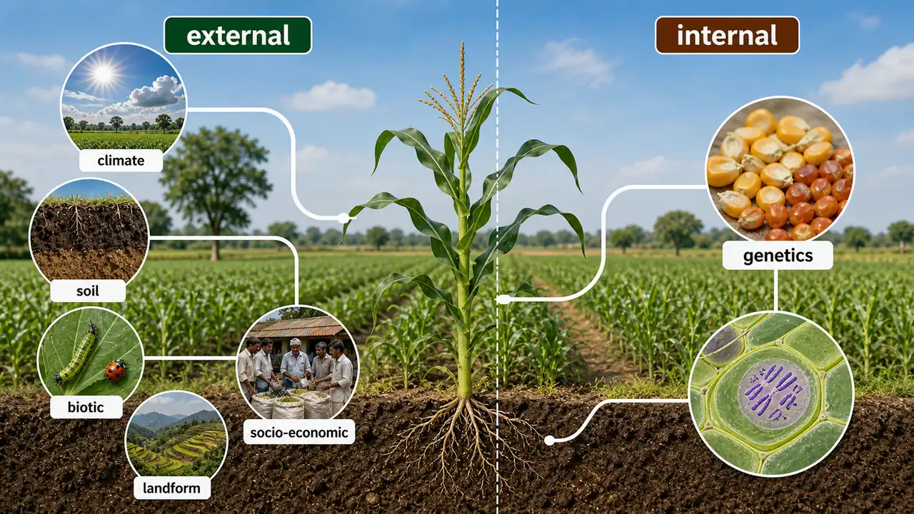 Overview classification of crop production factors into external climate soil biotic landform socio-economic and internal genetic factors