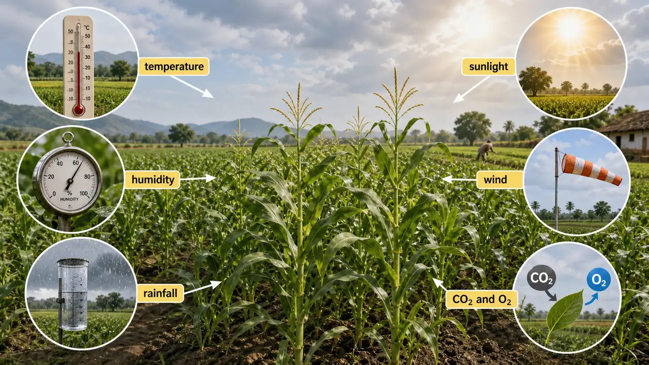 Climatic factors affecting crop production shown through temperature humidity rainfall sunlight wind and atmospheric gases