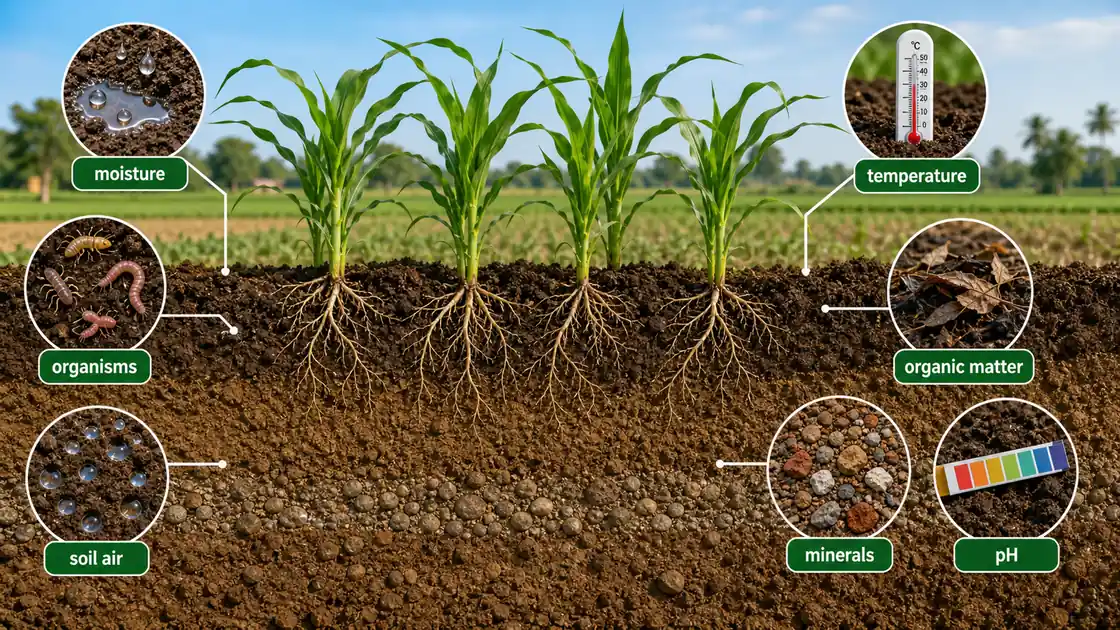 Edaphic soil factors affecting crop production shown through soil moisture temperature organisms organic matter minerals pH and soil air