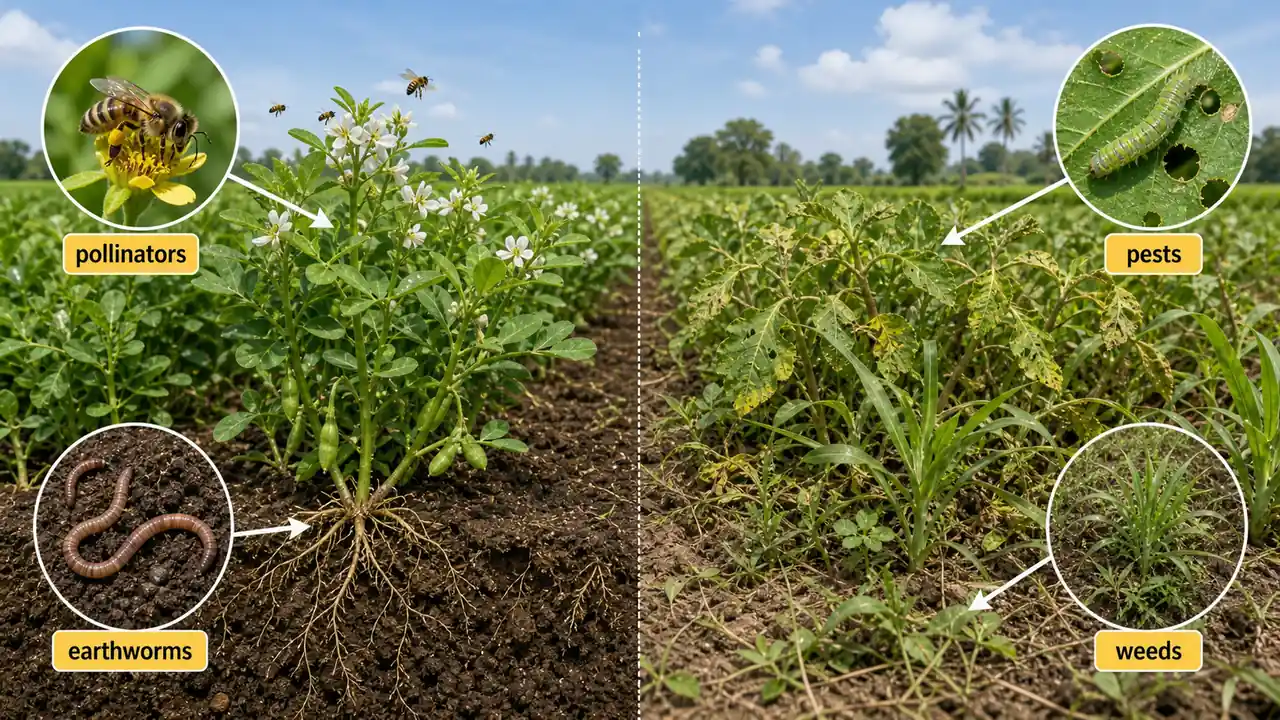 Biotic factors affecting crop production shown by pollinators earthworms weeds and insect pests in a crop field