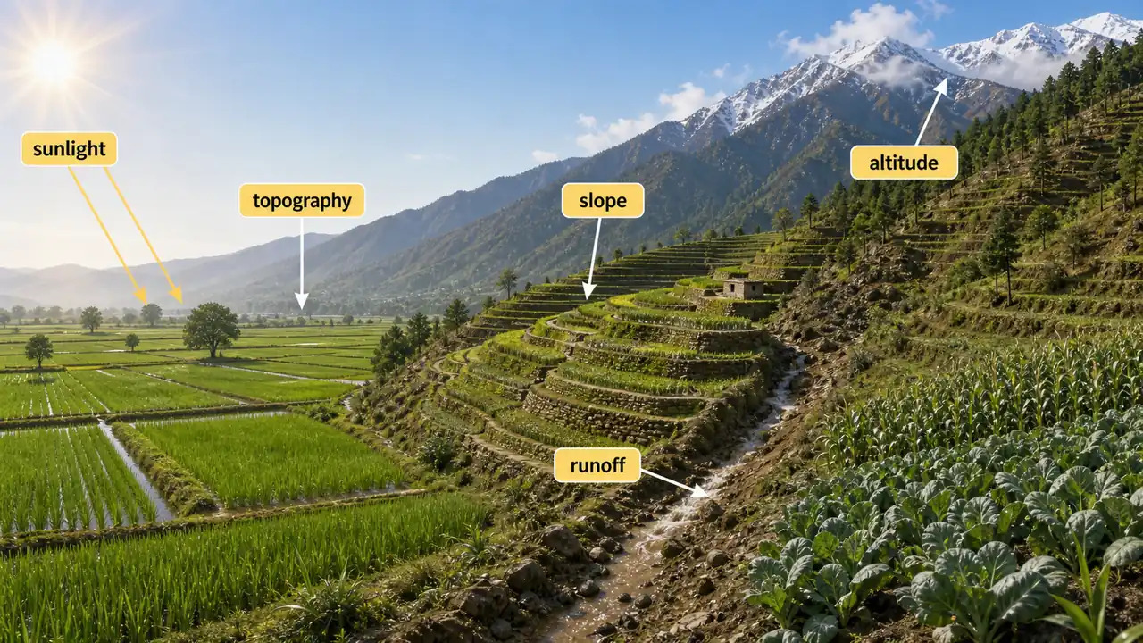 Physiographic factors affecting crop production shown through topography slope altitude sunlight exposure and runoff in plain and hill farming