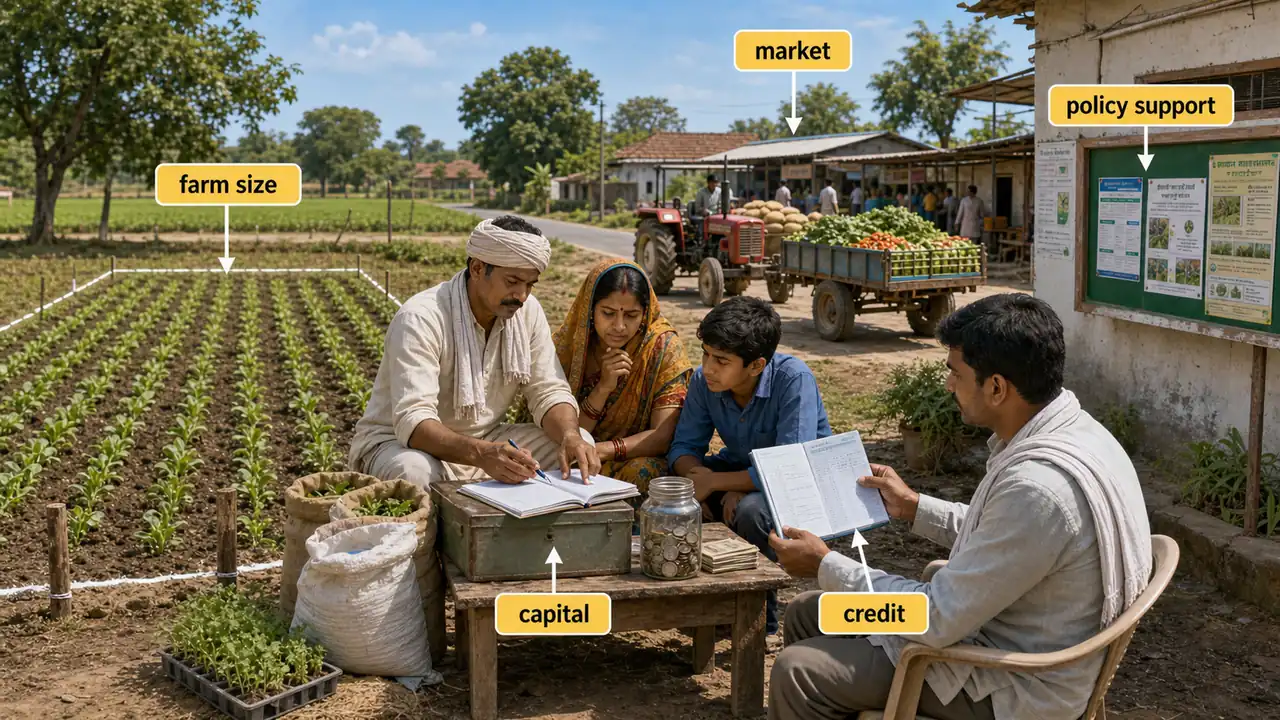 Socio-economic factors affecting crop production shown through farm size capital market access credit and policy support in a village farm setting